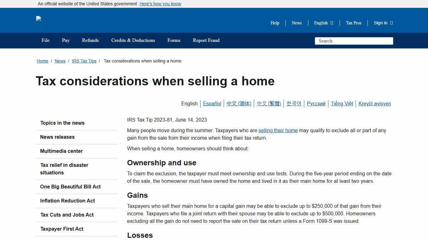 Tax considerations when selling a home Internal Revenue Service